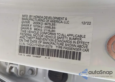 2022 Honda Accord Sport Special Edition из США, поврежденный, VIN 1HGCV1F45NA120278